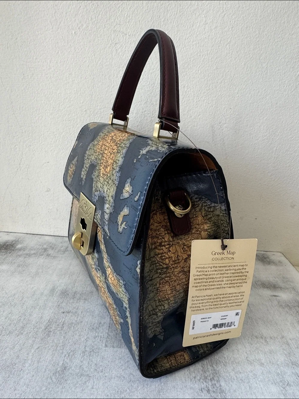 PATRICIA NASH Leather Chauny Satchel Handbag Xbody Greek Map Print Navy Yellow